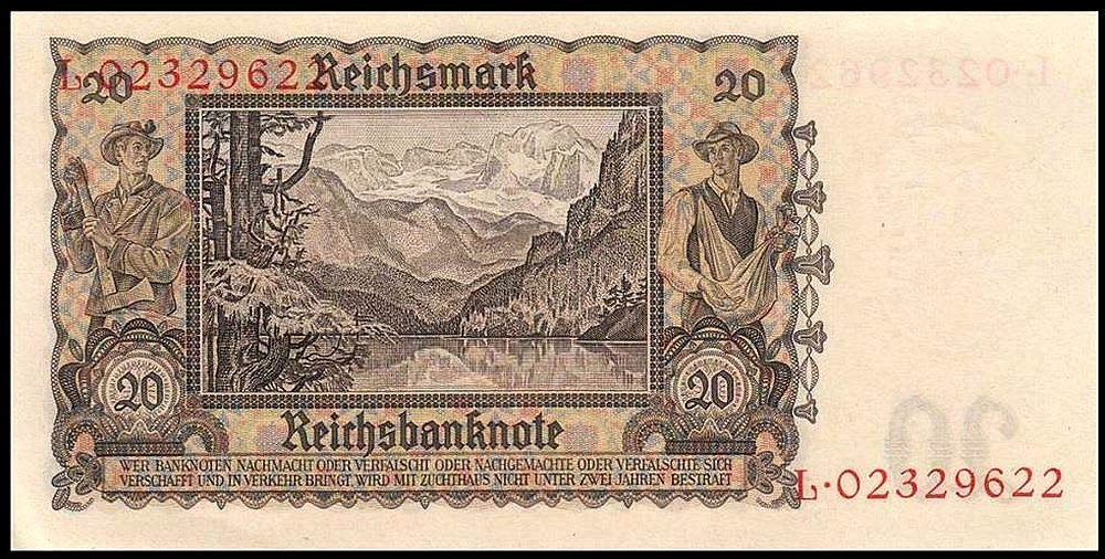 1939 DE QUEEN OF NAZI BILLS in PERFECTLY PRISTINE CONDITION! 1939 20 MARKS w ARYAN GIRL/FLOWER SYMBOLIZING GERMAN PURITY 20 MARKS Germ Uncirculated