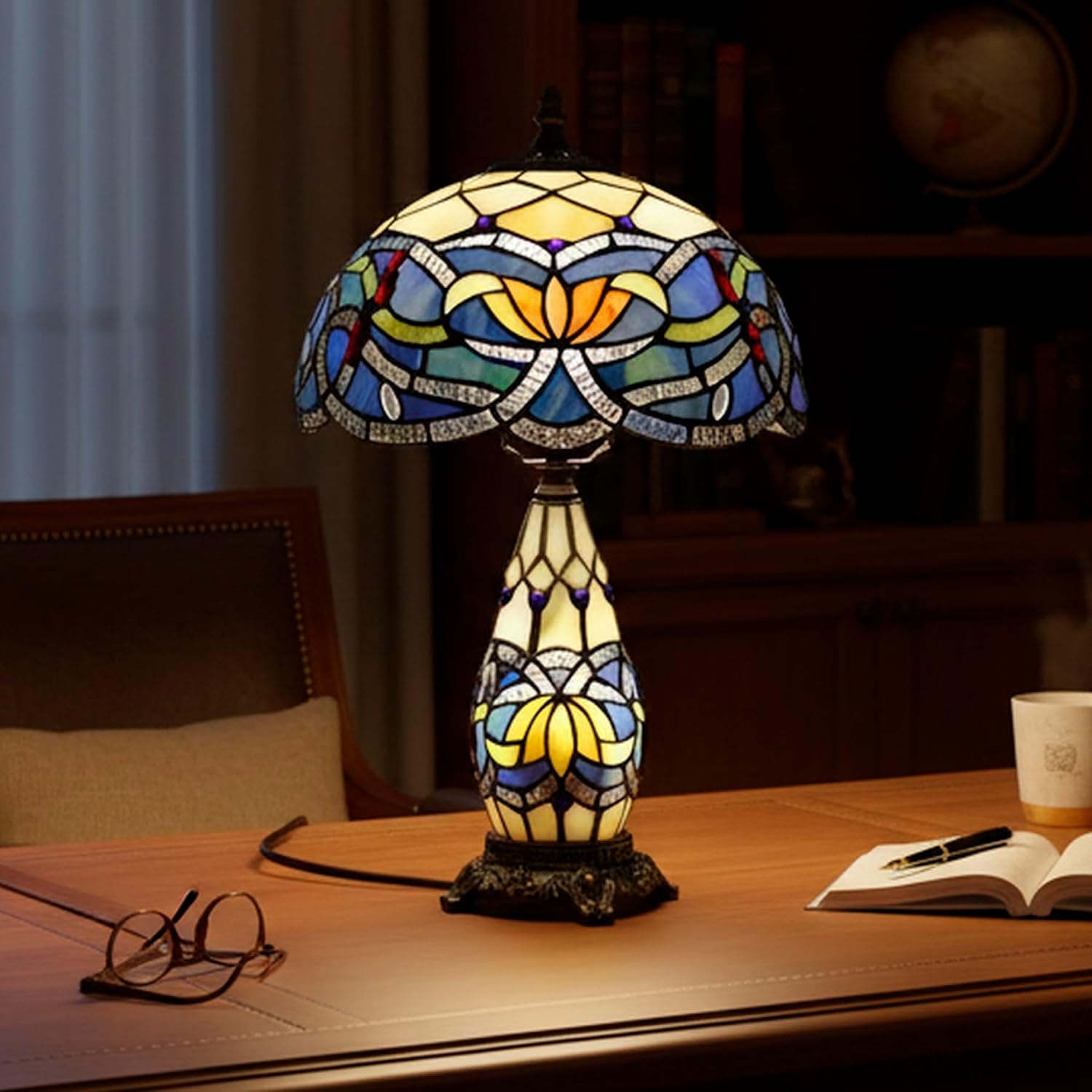Tiffany Lamp Stained Glass Table Lamp 12X19 Inches Mother Daughter Vase Desk Accent Night Light for Bedroom Bedside Reading Home Antique Style (Blue Lotus)