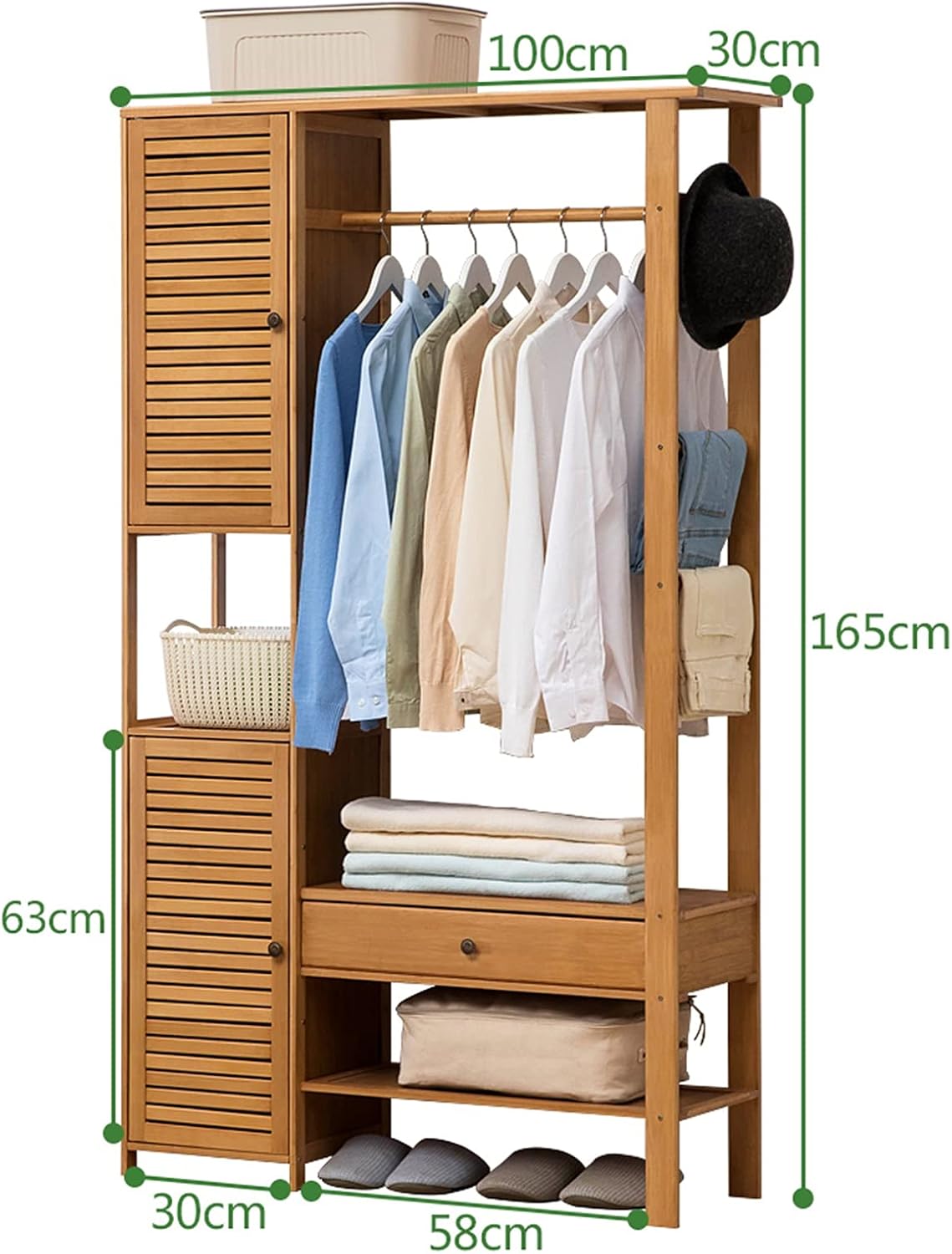 Coat Rack Stand Clothes Rack Stand, Free Standing Wardrobe, Modern Wood Furniture, Bedroom Hall Entryway Office for Storage Clothes Shoe Hat Umbrella(Wood Color-88X30X165CM