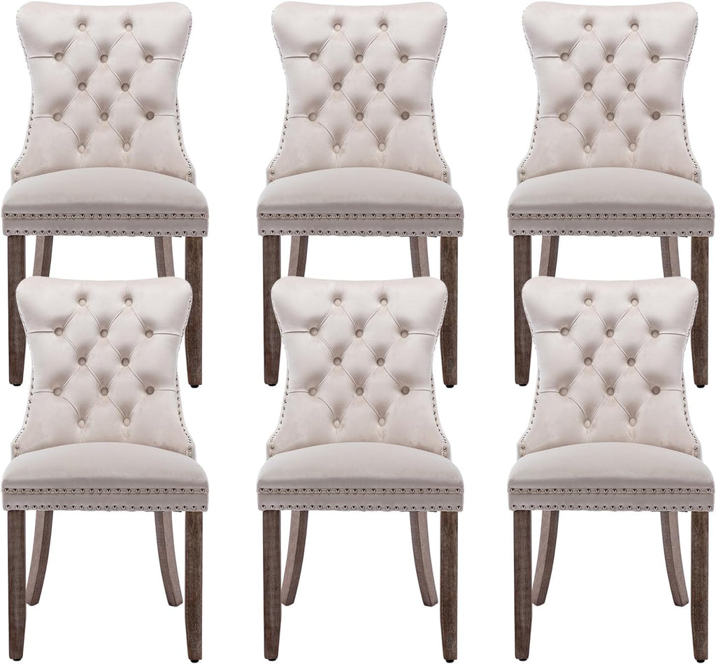 Beige Velvet Dining Chairs Set of 6, Modern Dining Room Chairs with Tufted Back and Solid Wood Legs, Upholstered Dining Chairs for Dining Room/Kitchen, Beige