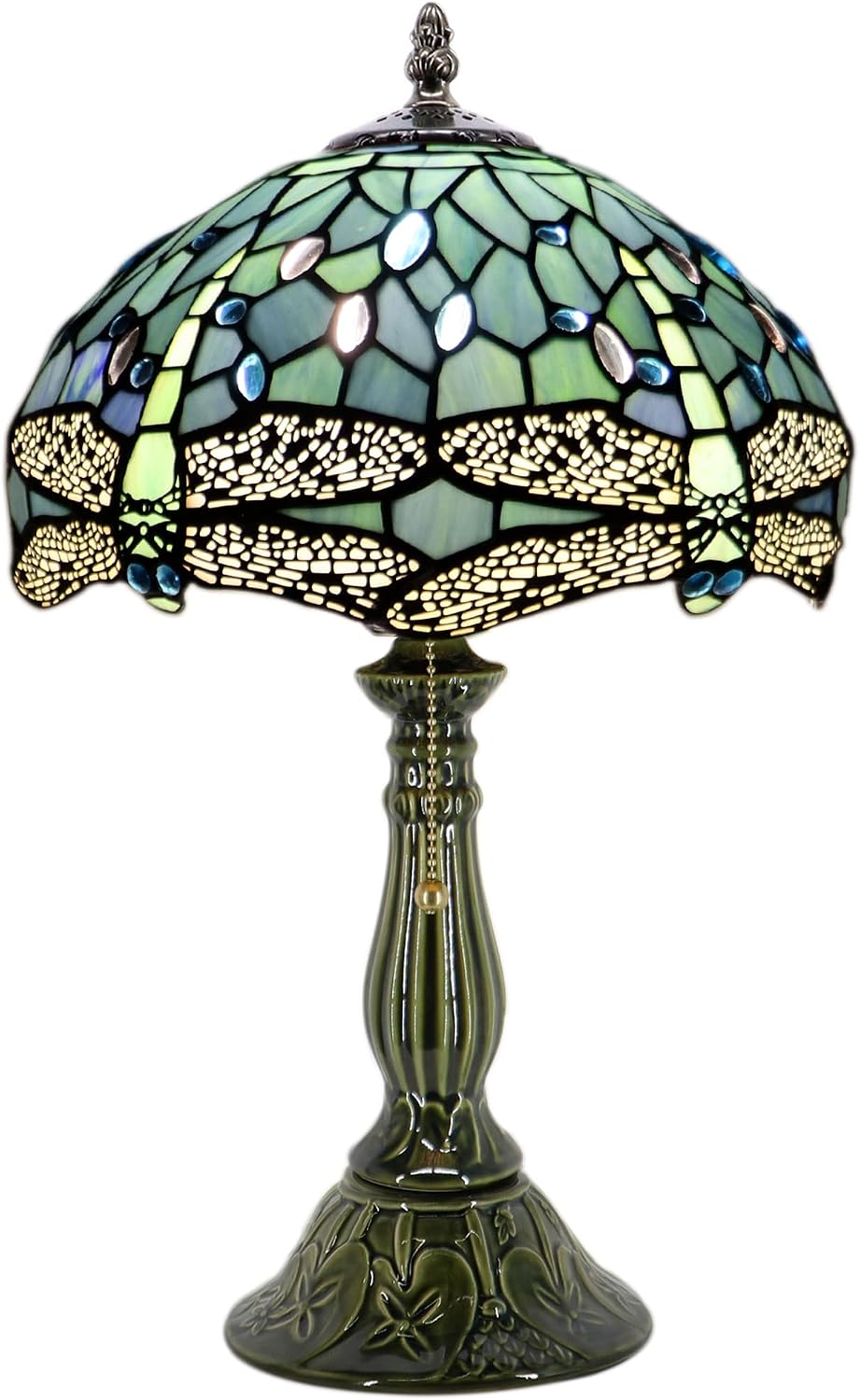 Tiffany Lamp Stained Glass Table Lamps Sea Blue Dragonfly Style Desk Lamp 12X12X18.5 Inch Bronze Ceramic Base Reading Light Suitable for Bedside Bedroom Living Room Dining Room Office