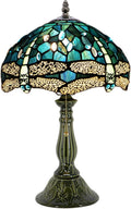 Tiffany Lamp Stained Glass Table Lamps Sea Blue Dragonfly Style Desk Lamp 12X12X18.5 Inch Bronze Ceramic Base Reading Light Suitable for Bedside Bedroom Living Room Dining Room Office