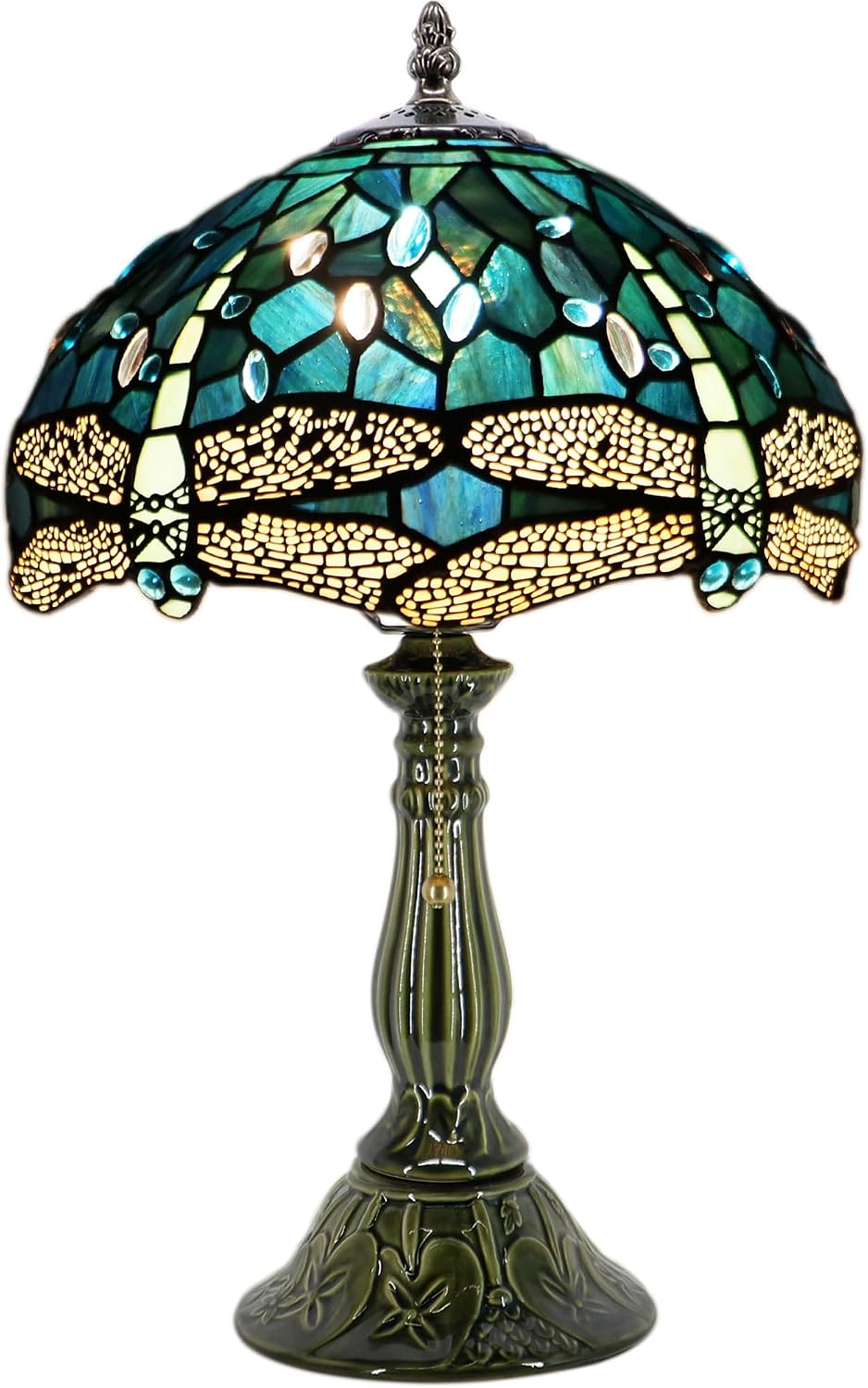 Tiffany Lamp Stained Glass Table Lamps Sea Blue Dragonfly Style Desk Lamp 12X12X18.5 Inch Bronze Ceramic Base Reading Light Suitable for Bedside Bedroom Living Room Dining Room Office