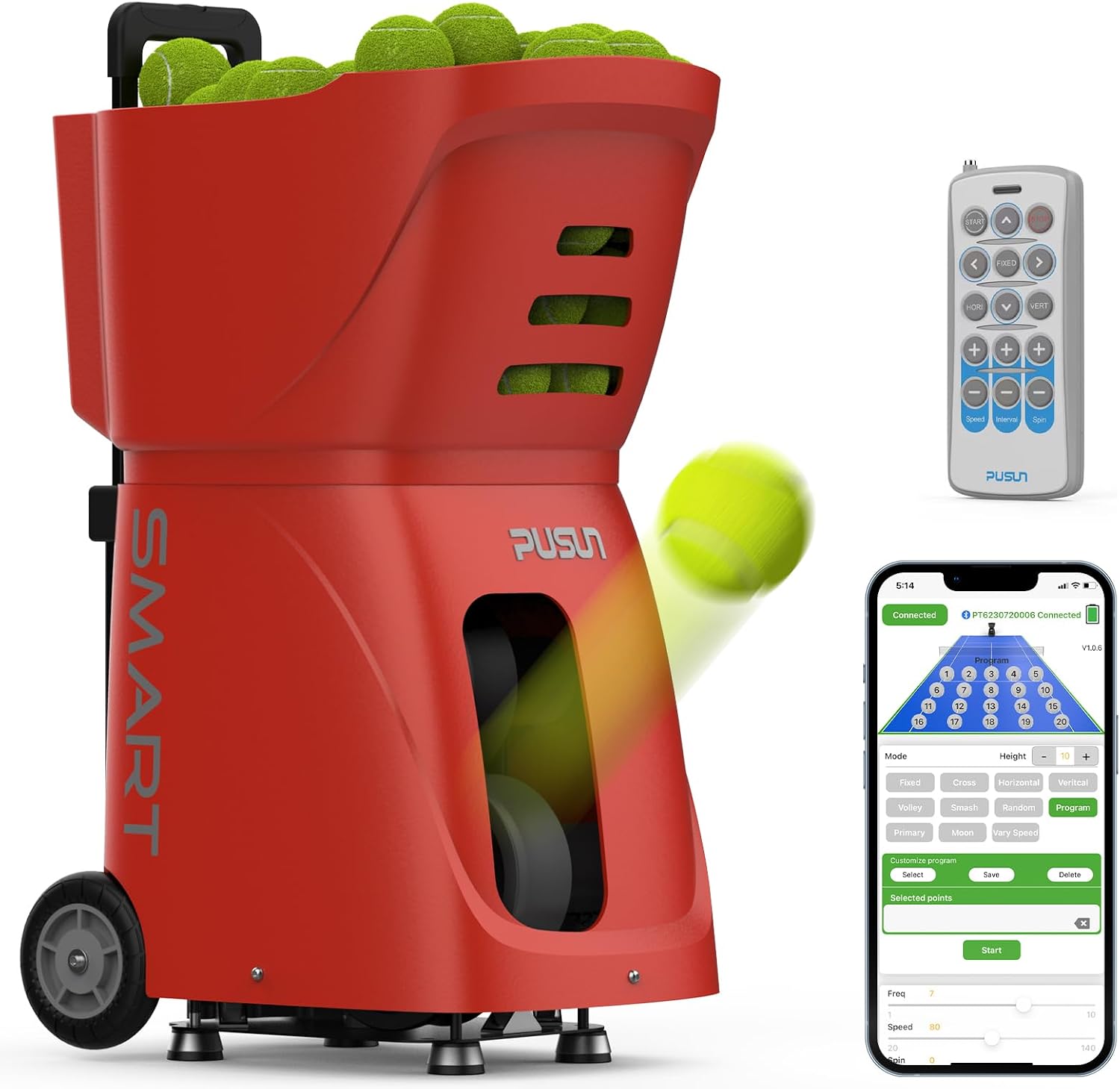 PT-SMART Tennis Ball Machine - Smart App for Apple Watch & Phone Control, Tennis Ball Launcher with 20 Landing Points, 12 Training Modes & 4-6h Battery Life, Tennis Serving Machine