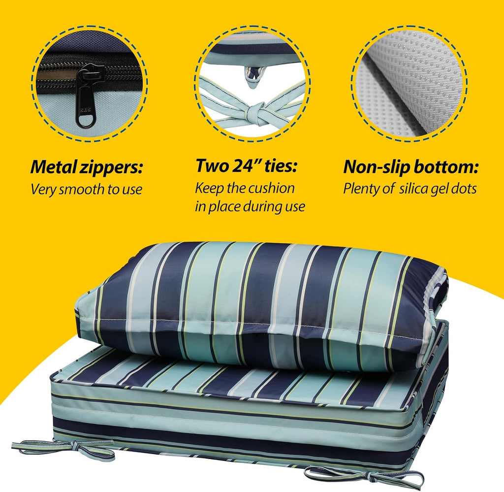 AAAAAcessories Outdoor Seat Cushions for Chairs, Fade-Resistant, Waterproof Patio Furniture Replacement Cushions, 25.5' x 25.5' x 5' + 25.5' x 13.5', Set of 4, Ash Teal Seaside Stripe