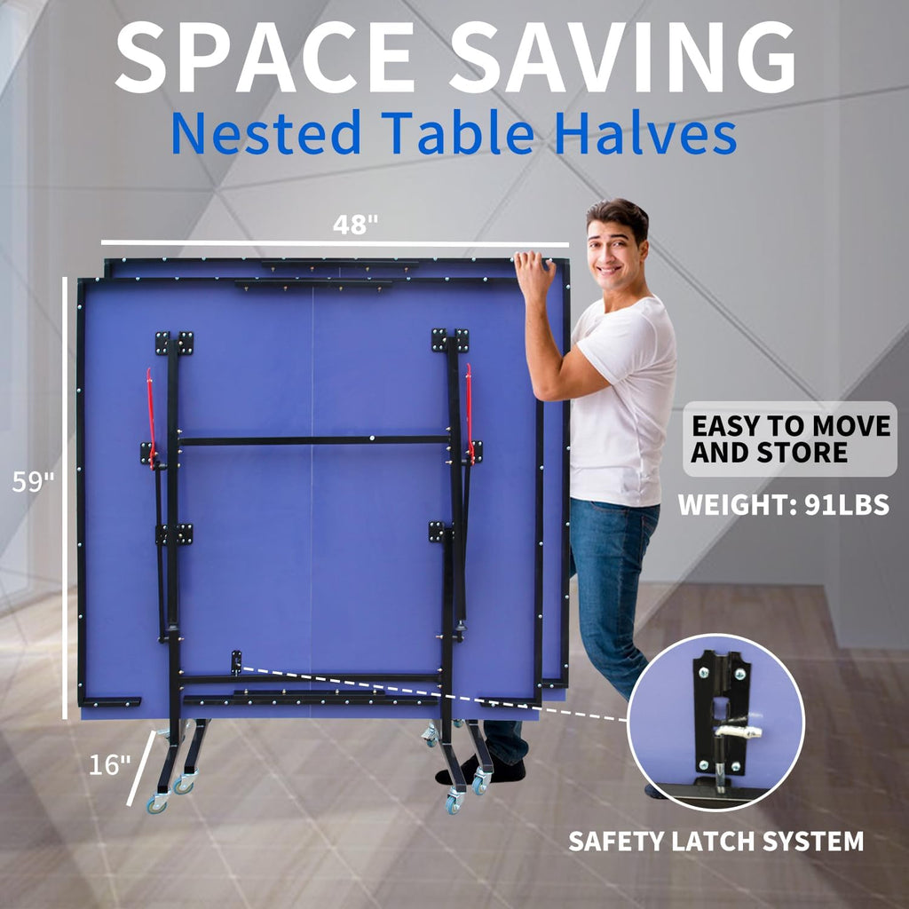 Ping Pong Table Foldable & Portable 6/8/9FT Table Tennis Table Set for Indoor & Outdoor Games with Net & Post, 2 Table Tennis Paddles and 3 Balls (Blue-8FT with Wheels)