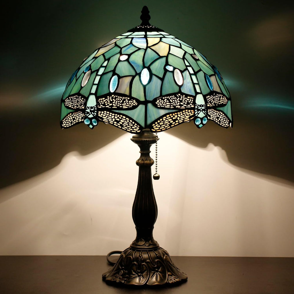 Tiffany Table Lamp Stained Glass Lamp 12X12X19 Inch Antique Reading Light (Sea Blue Dragonfly Style)