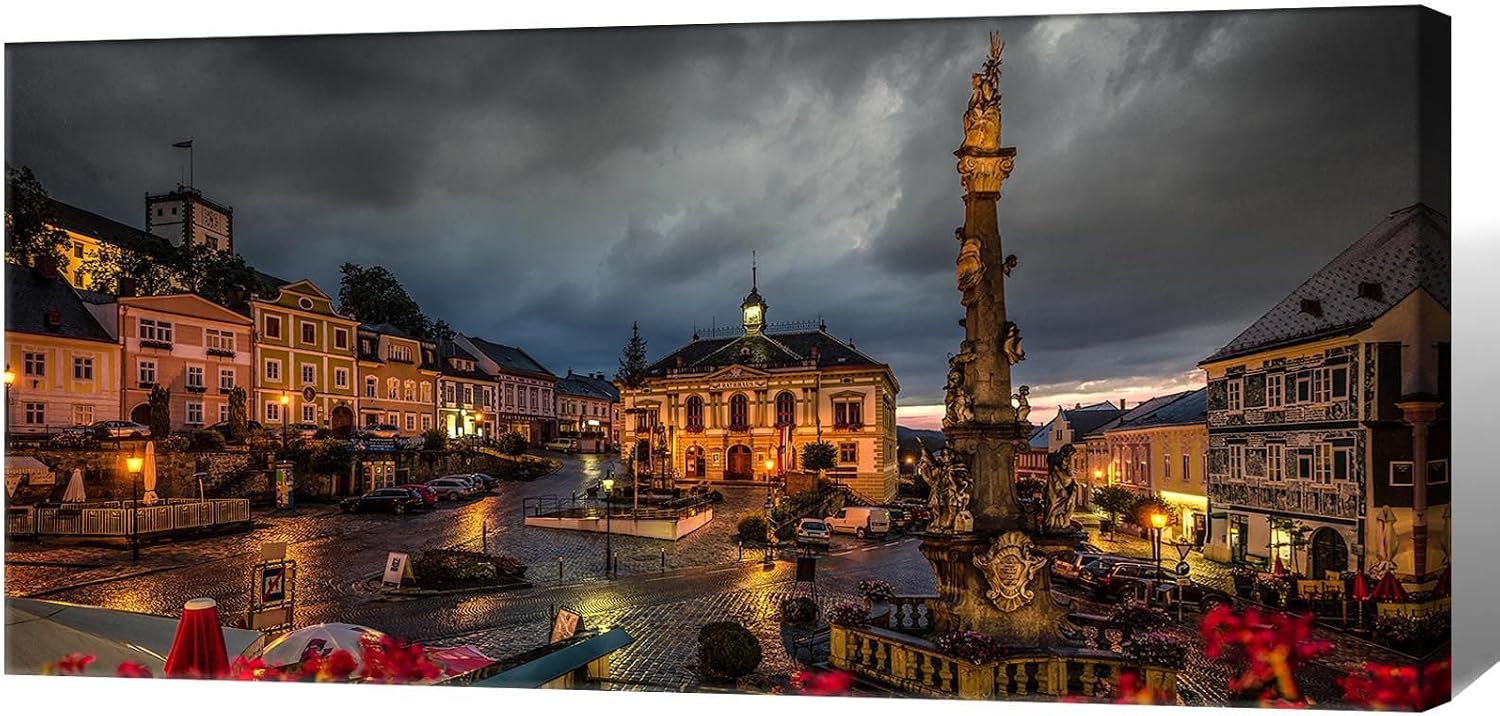 Large Romantic Central European Baroque Architecture Decor Cesky Krumlov Czech Republic Night View Poster Enchanted Historical Town Wall Art Teen Dorm Apartment Artwork 20x40inch Framed