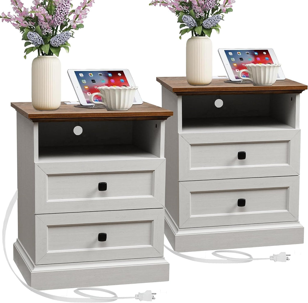 Night Stand with Charging Station, Bedside Table with 2 Drawers Storage and Open Shelf, 20' Wider Farmhouse White Nightstand with Outlets, Wood Modern End Table for Bedroom Office