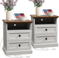 Night Stand with Charging Station, Bedside Table with 2 Drawers Storage and Open Shelf, 20' Wider Farmhouse White Nightstand with Outlets, Wood Modern End Table for Bedroom Office