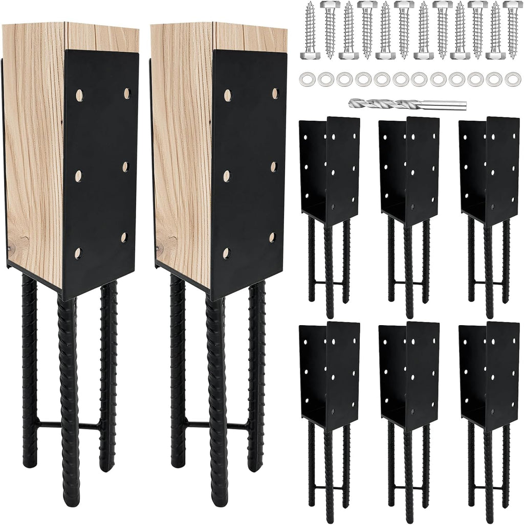 8pcs U-Shape Wet Concrete Post Holder for 4x4 4x6 4x8 Square Wood Post,Black Heavy Duty Post Anchor Steel Solid Rebar with for Wood Fence,Railing,Pergola