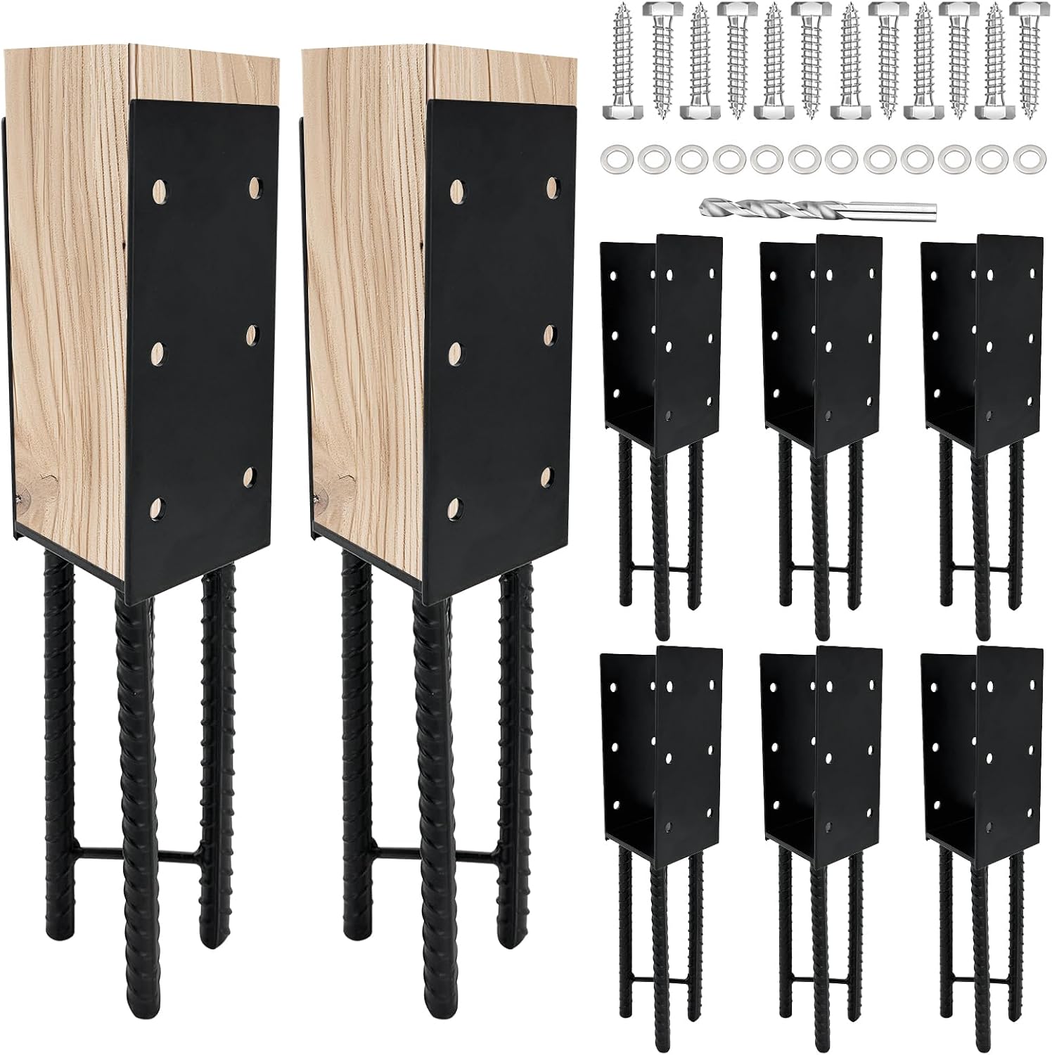 8pcs U-Shape Wet Concrete Post Holder for 4x4 4x6 4x8 Square Wood Post,Black Heavy Duty Post Anchor Steel Solid Rebar with for Wood Fence,Railing,Pergola