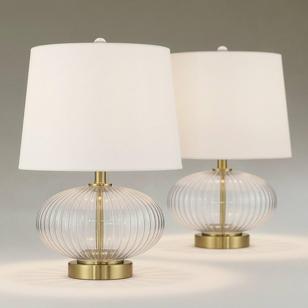 360 Lighting Darrah 19' High Small Mid Century Modern Accent Table Lamps Set of 2 USB Port Clear Glass Gold Brass Finish Off-White Shade Living Room Charging Bedroom Bedside Nightstand House Office