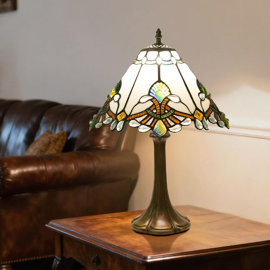 12 Inch Baroque Style Tiffany Table Lamp, Vintage Stained Glass Desk Lamp with Remote Control, 3 Color Temperature & Brightness Level for Office Home Bedroom Living (White)