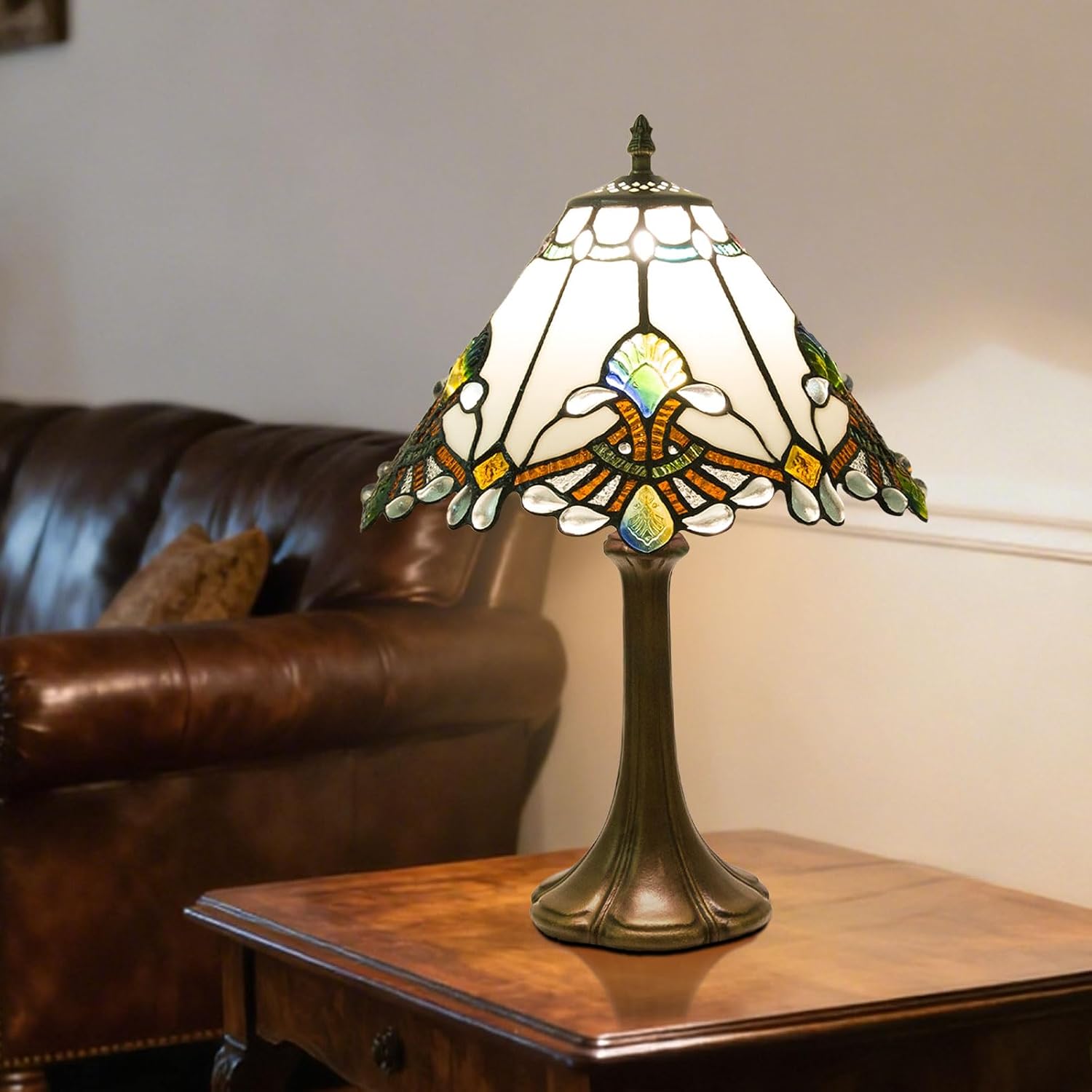 12 Inch Baroque Style Tiffany Table Lamp, Vintage Stained Glass Desk Lamp with Remote Control, 3 Color Temperature & Brightness Level for Office Home Bedroom Living (White)