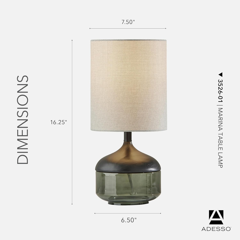 Adesso Table Lamp with Smoked Glass, Black Wood Base and Grey Fabric Lampshade – Bedside Table, Home Office Lighting or Living Room Decor, 16.25' x 7.5'
