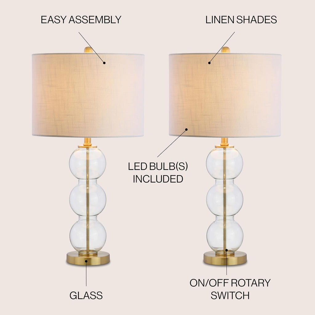 JONATHAN Y 27' Clear/Brass Triple-Sphere Glass Table Lamp Set of 2, Bedside, White Linen Shade, Modern Table Lamps for Living Room, Bedroom, Office, LED Bulbs Included JYL1070A-SET2