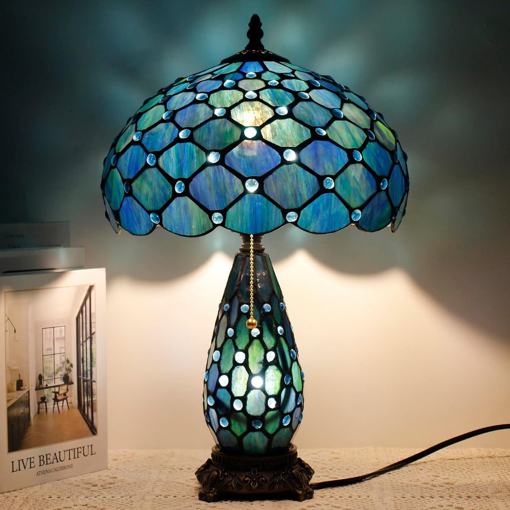 Tiffany Lamp Stained Glass Table Lamp 12X19 Inches Mother Daughter Vase Desk Accent Night Light for Bedroom Bedside Reading Home Antique Style (Blue Beads)