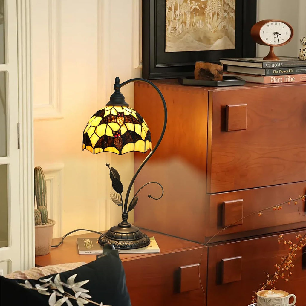 Tiffany Table Lamp Black Bats Stained Glass Bedside Lamp Tiffany Style S Metal Leaves Desk Light for Home Living Room Office Dormitory Bar Family Friends Gift