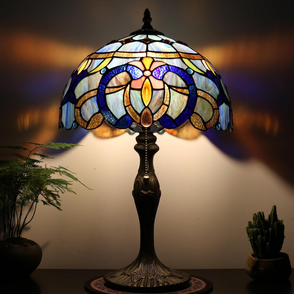 Tiffany Lamp Stained Glass Table Lamp 12' x 19' Blue Baroque Style Decorative Lamp Bedside Reading Lamp for Desk Living Room Bedroom Office Study Light Home Decor Gift