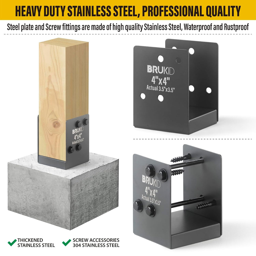 Stainless Steel 4 x 4 (Actual: 3.5' x 3.5') Deck Post Base, Post Anchor Bracket, Concrete Support Anchor Base for Deck Railing, Fences, Mailboxes (4pack- Dark Gray)