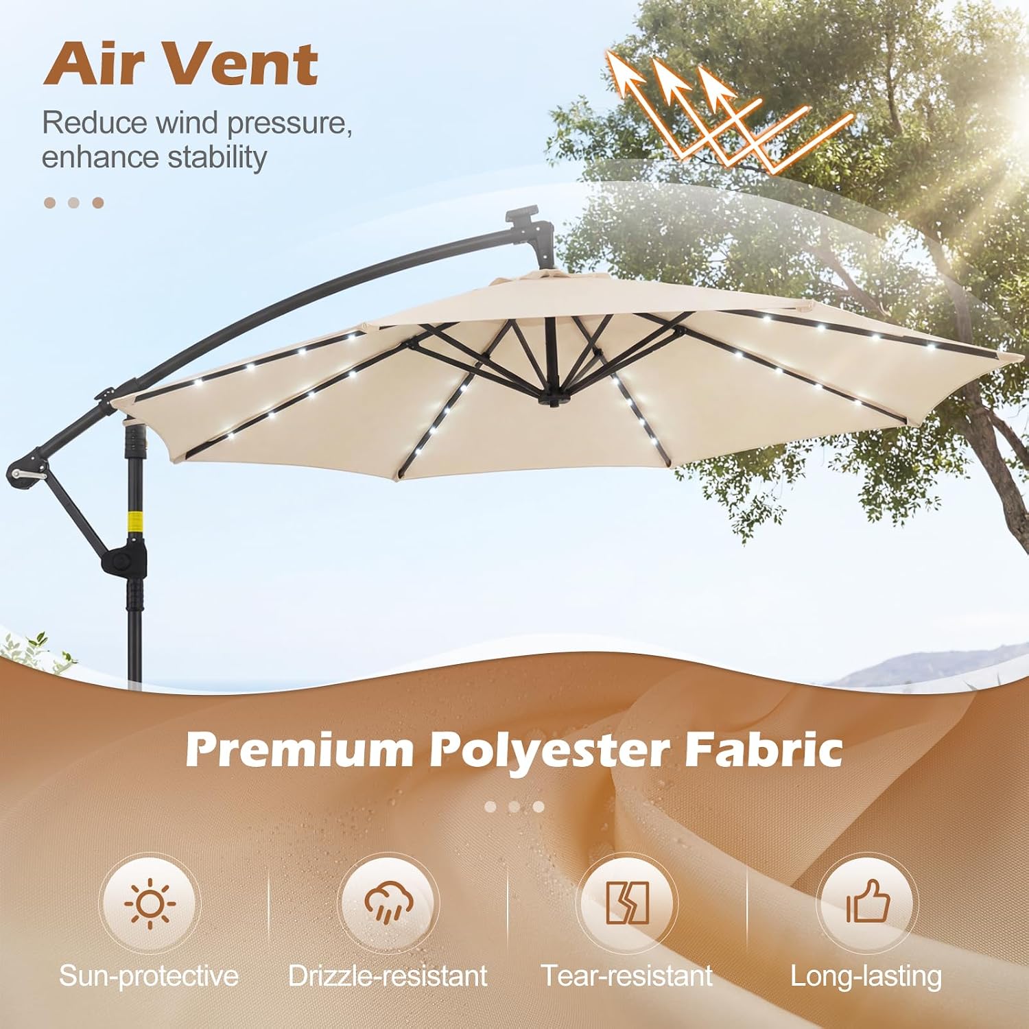 Tangkula 10ft Solar Patio Umbrella with Base Included, Offset Cantilever Outdoor Umbrella with 32 LED Lights, 360 Degree Rotation, Crank Handle for Pool Deck Garden Backyard (Beige)