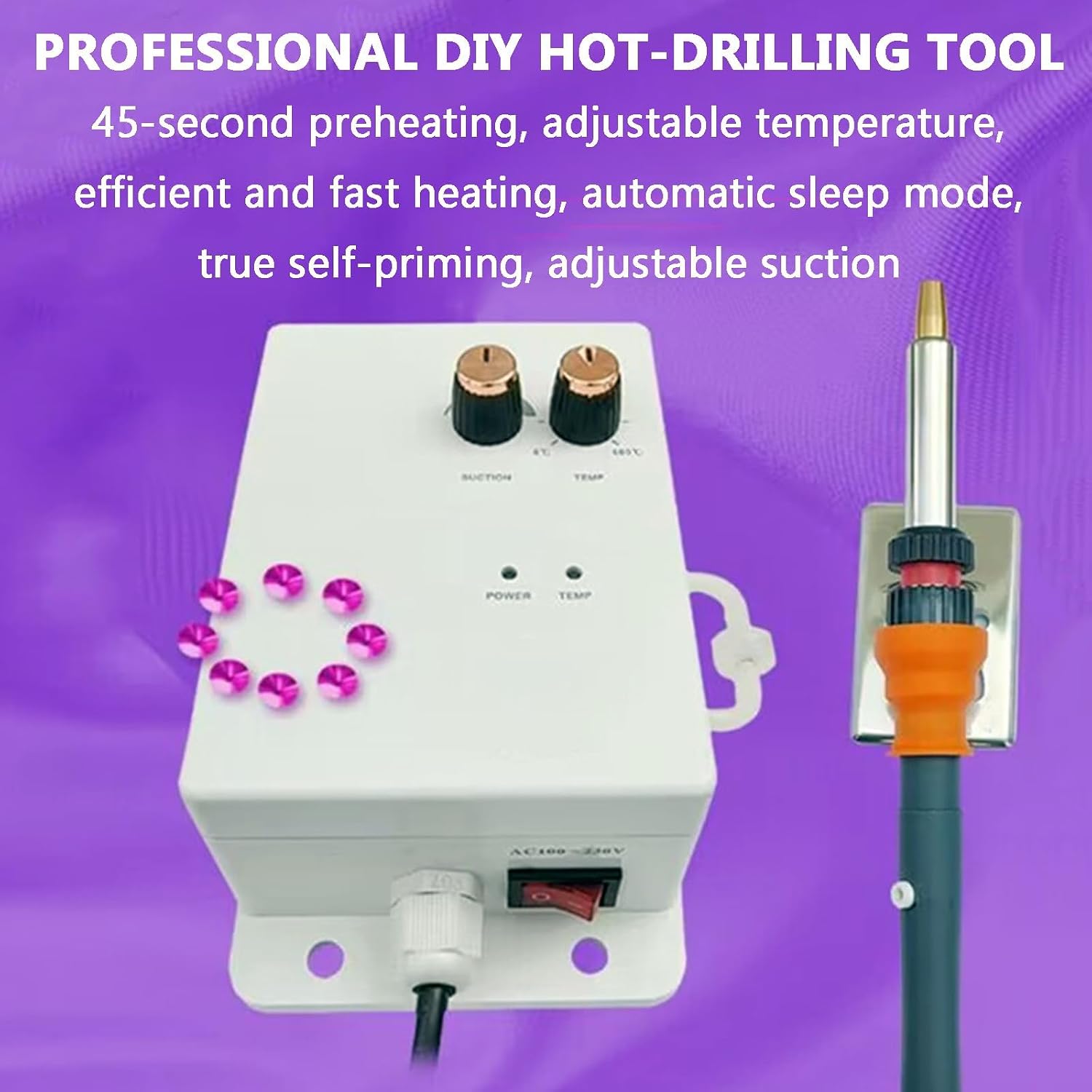 Bedazzling Kit for Clothe，Rhinestone Applicator Tool, with 6-Piece Brass Setting Tip, Adjustable Temperature and Suction, for Clothes Shoes Hats Fabric Crafts