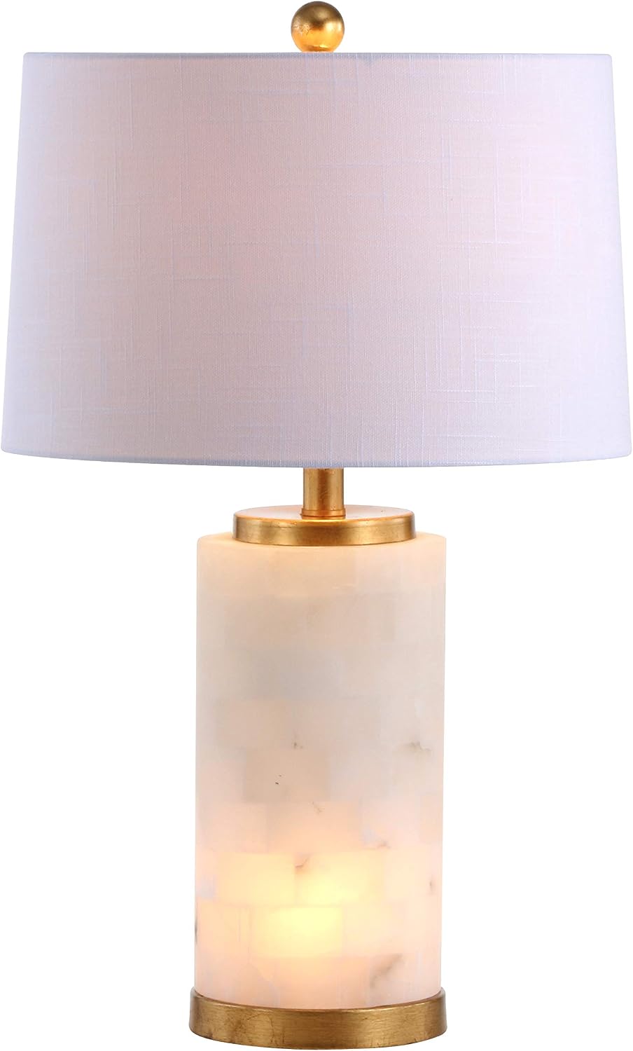 JONATHAN Y 25.5' White/Gold Leaf Alabaster 2-Light Rectangular Table Lamp with Night Light Modern Coastal Bedside Lamp for Bedroom with White Linen Drum Shade LED Bulbs Included JYL6203A