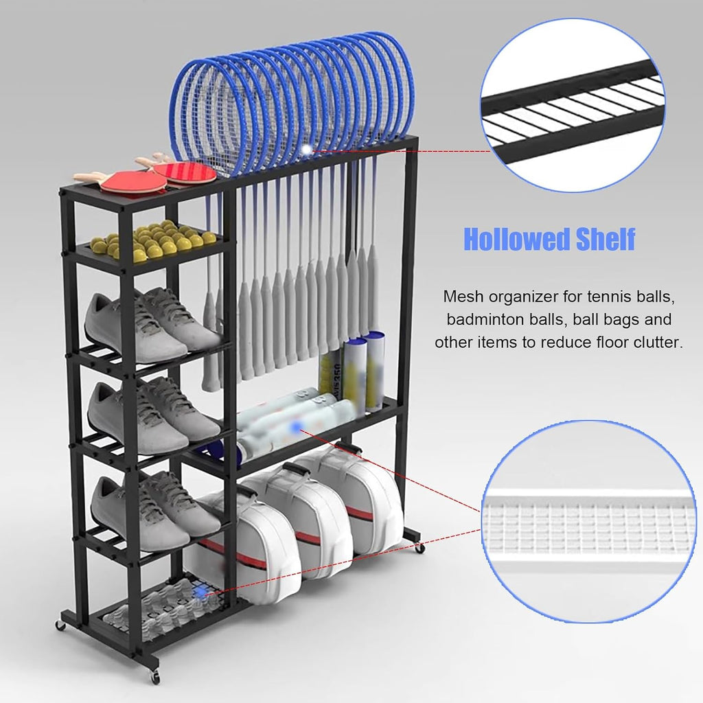 Large Capacity Sports Equipment Cart, 16 Racquet Display Stand with Openwork Shelf, Multi-Functional Organizer for Table Tennis/Sneakers/Tennis/Storage Bag, Sav