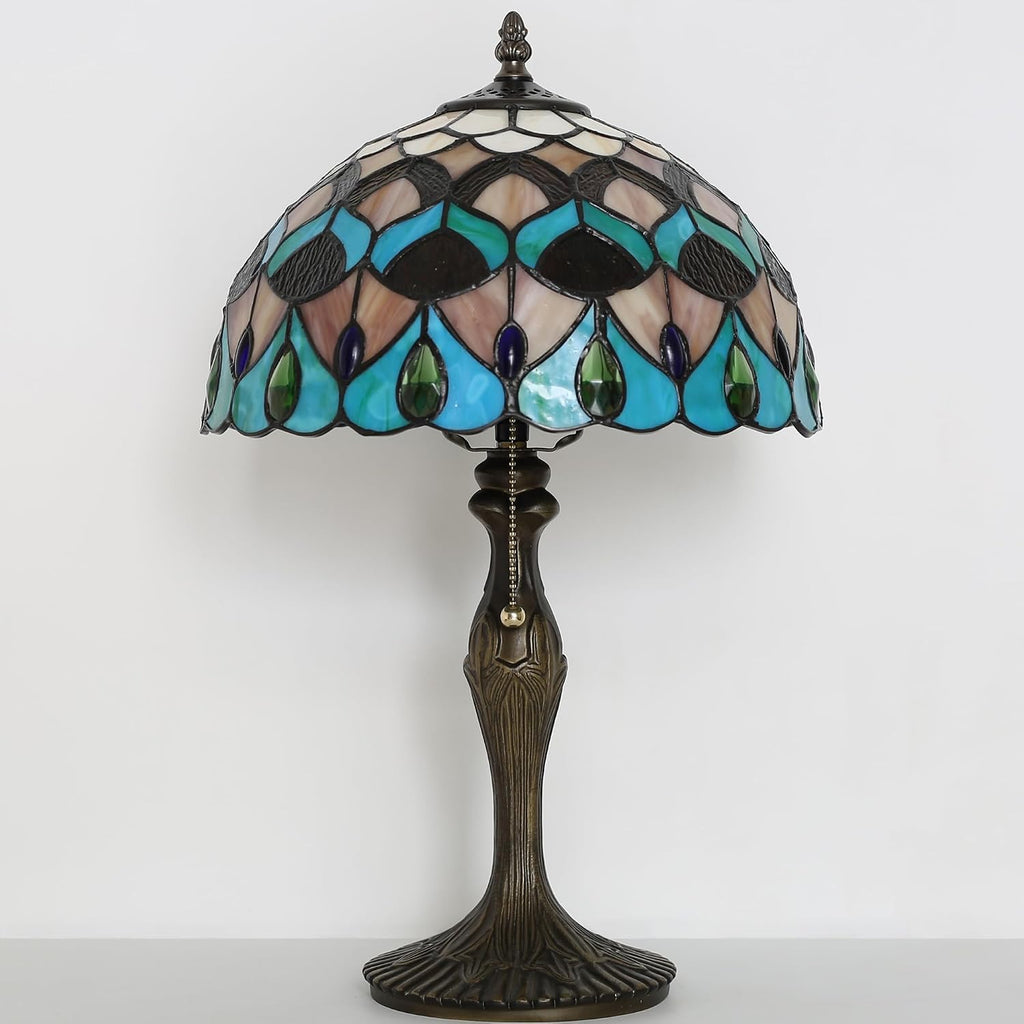 Tiffany Lamp Stained Glass Table Lamp Bedside Reading Lamp 12 x 19' Blue Phoenix Tail Style Decorative Lamp for Desk Study Living Room Bedroom Office Decor Gift