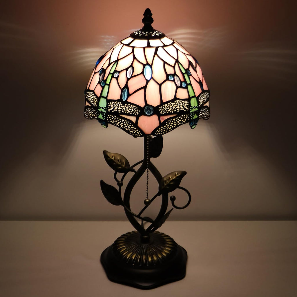 Small Tiffany Lamp Pink Dragonfly Style Stained Glass Table Lamps Desk Bedside Reading Light 8X8X18 Inches with Bronze Metal Leaf Resin Base