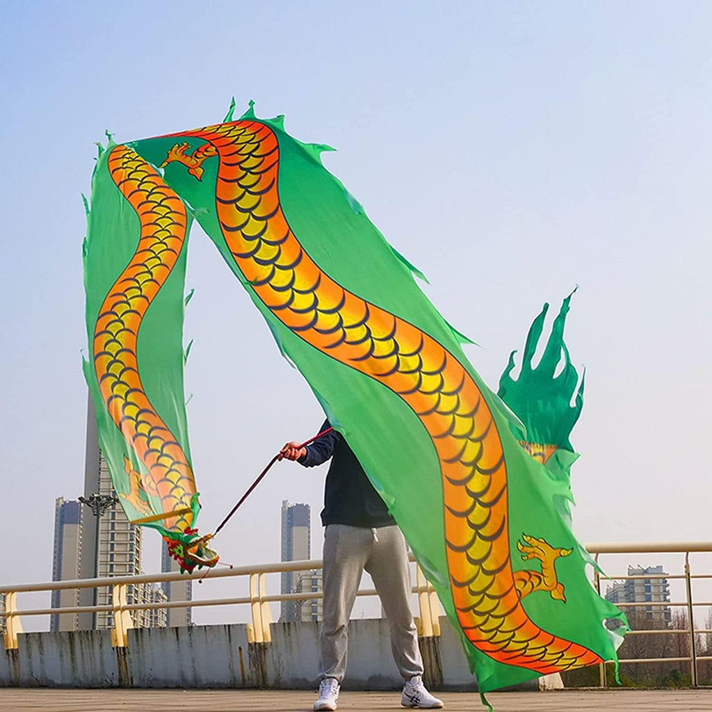Dragon Dance Ribbon Shaking Poi Fitness Dragon Dance Ribbon Streamer with Dragon Head Silk Flowy Shaking Flinging Chinese Dragon Dance Ribbon Streamers Shows Prop