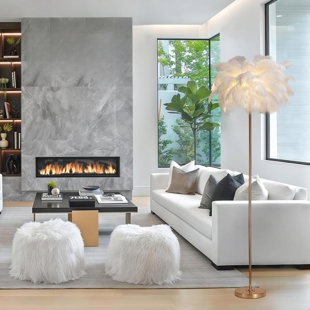 ZYLEISENBAO Chic White Feather Lamp Nordic Ostrich Floor Lamp Girl Furry Standing Lamp 3*G9 Modern Princess Bedside Reading Lamp for Bedroom Living Room Entry Wedding Birthday Gift