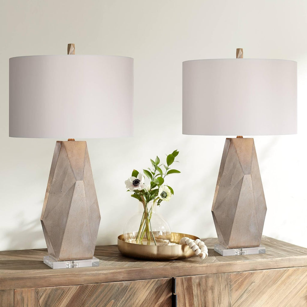 Possini Euro Design 32 1/2' Tall Geometric Large Mid Century Modern Glam End Table Lamps Set of 2 Champagne Gold Living Room Bedroom Bedside Nightstand House Office Home Reading Off-White Shade