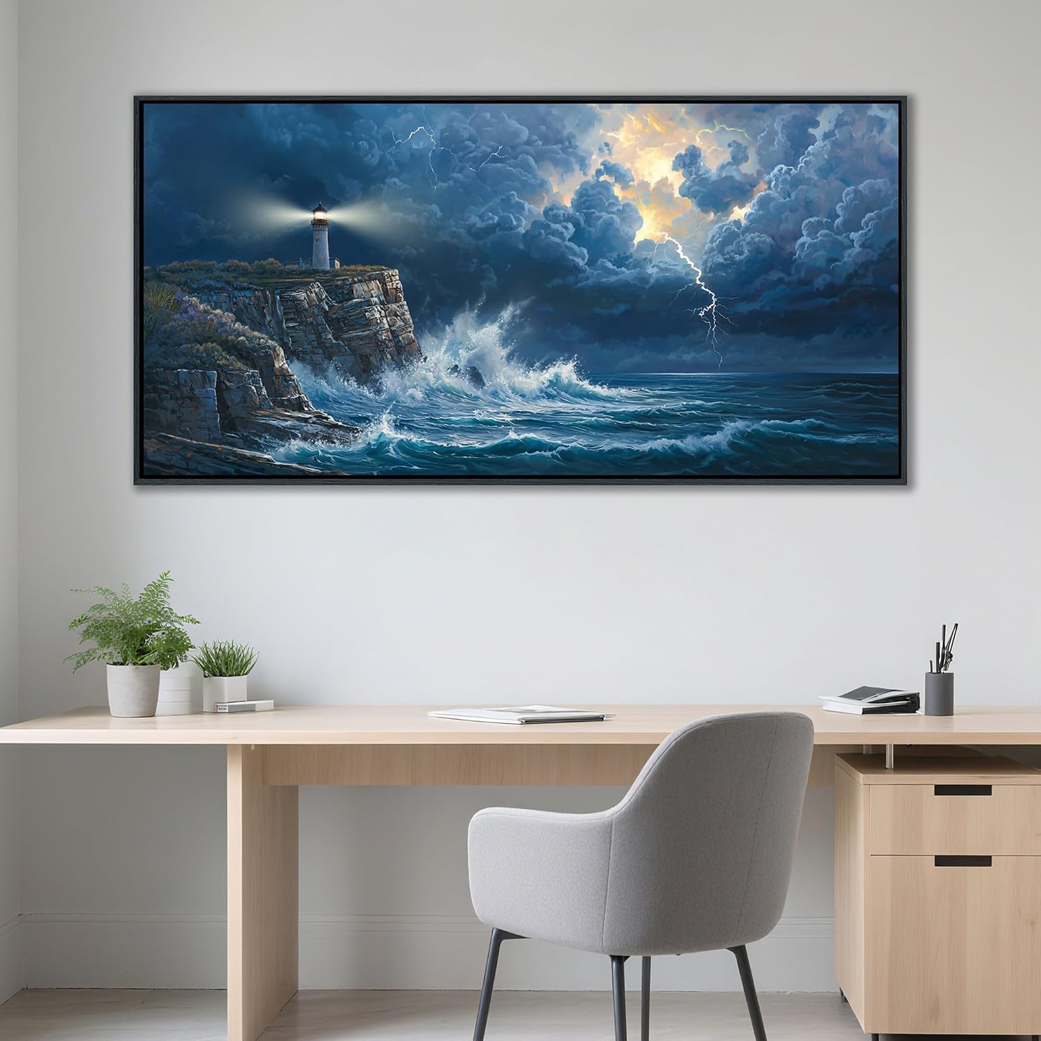 YDYSUNE Large Wall Art Framed Coastal Canvas Wall Decor Painting Navy Blue Picture,ocean decor Lighthouse Artwork for Dining Room,Living Room,Bedroom Decoration Size 24x48 Inches