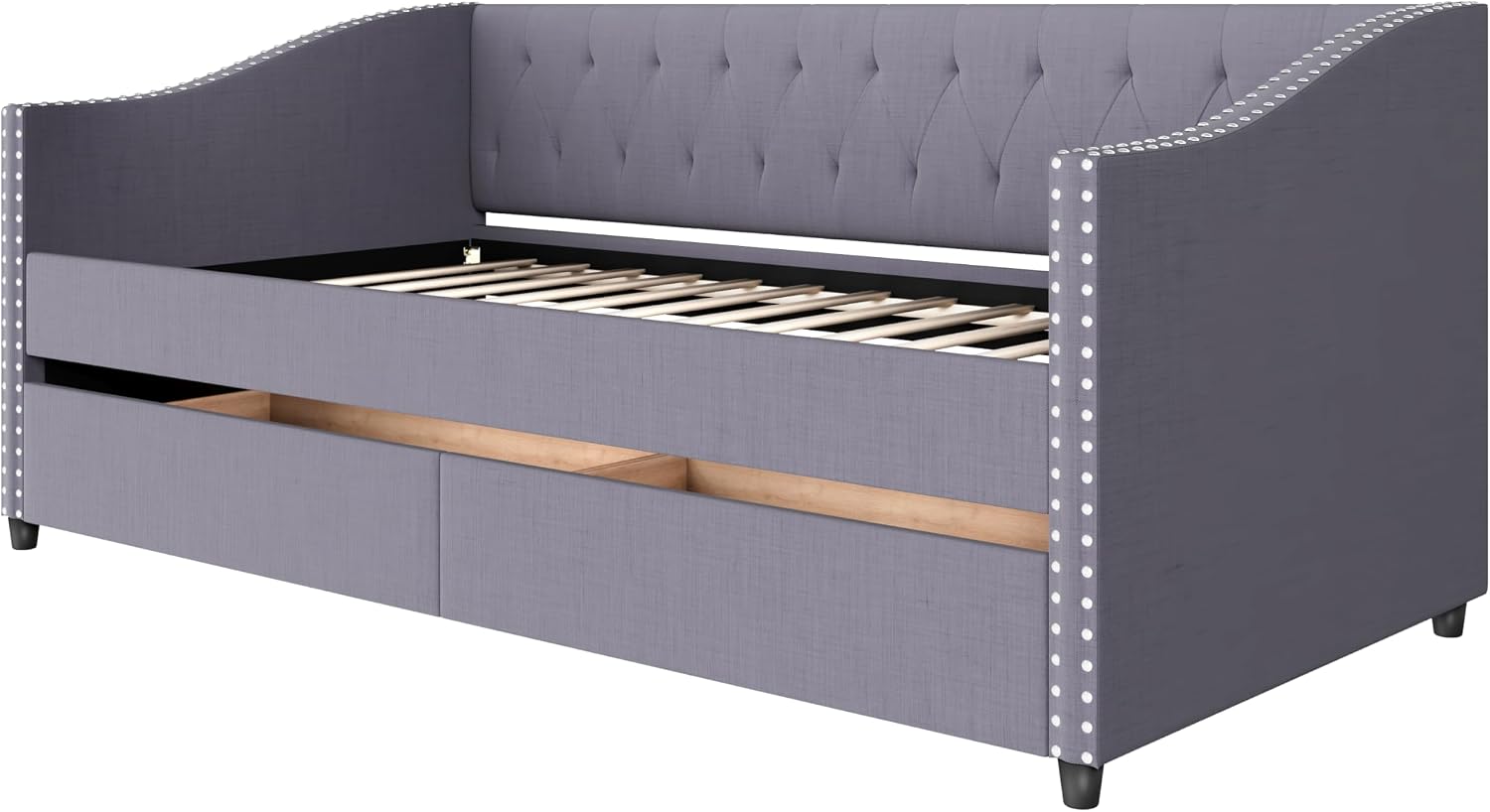 Christopher Knight Home Twin XL Daybed Frame with Two Drawers, Linen Fabric Upholstered Sofa Couch, 85'' Living Room Sleeper Sofa, Cozy Daybed for Bedroom, Diamond-Tufted Design, Rivet Armrests, Gray