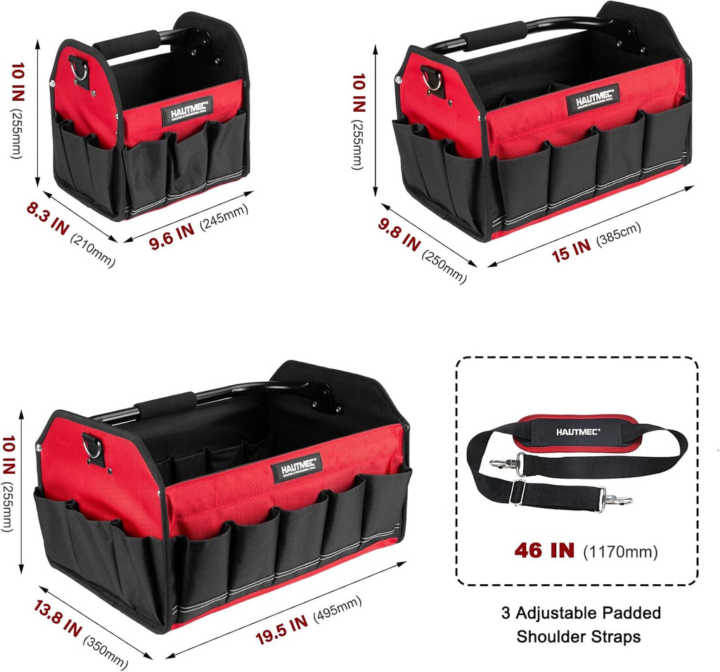 HAUTMEC 3PCS Heavy-Duty Tool Tote Bag Set, 1680D Rigid Frame Tool Bags with Foldable Handle & Padded Shoulder Strap, Water-Resistant Hard Base, Multi-Pocket Tool Box Organizer – HTTBH25052