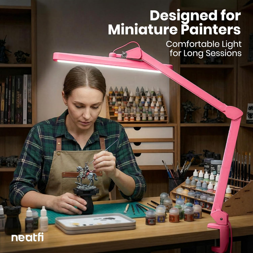 Neatfi XL 2,500 Lumens 30W LED Task Lamp for Manicure Table, Crafts, Workbench, Office – 22' Wide Shade Desk Light | Eye-Caring 6500K | 4-Level Brightness (Pink, Non-CCT with Clamp)