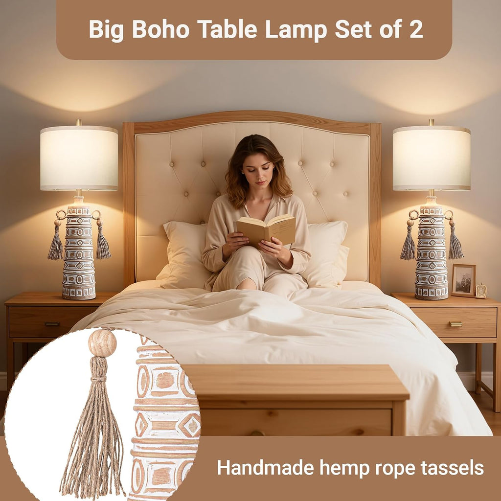 30'H Tall Boho Table Lamp Set of 2 for Bedroom Living Room, Handmade Tassels Antique Bedside Lamp, Adjustable with Memory Function Bulb, Linen Shade, Rotary Switch Resin Lamp for Nightstand Decor