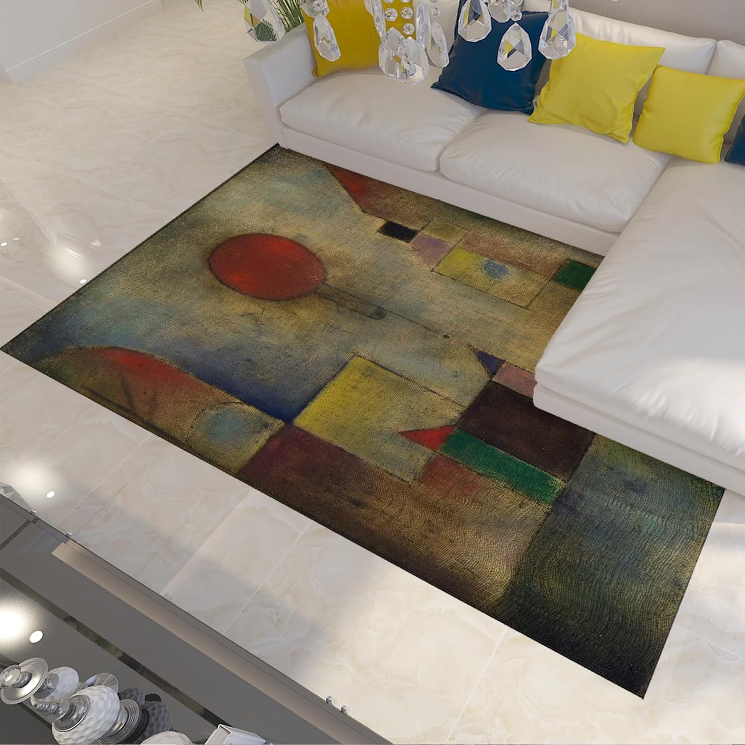 Expressionism Area Rug Paul Klee Abstract Retro Architecture Balloon Geometric Square Washable Non-Slip Low Pile Thin Carpet for Cafe 5x8ft