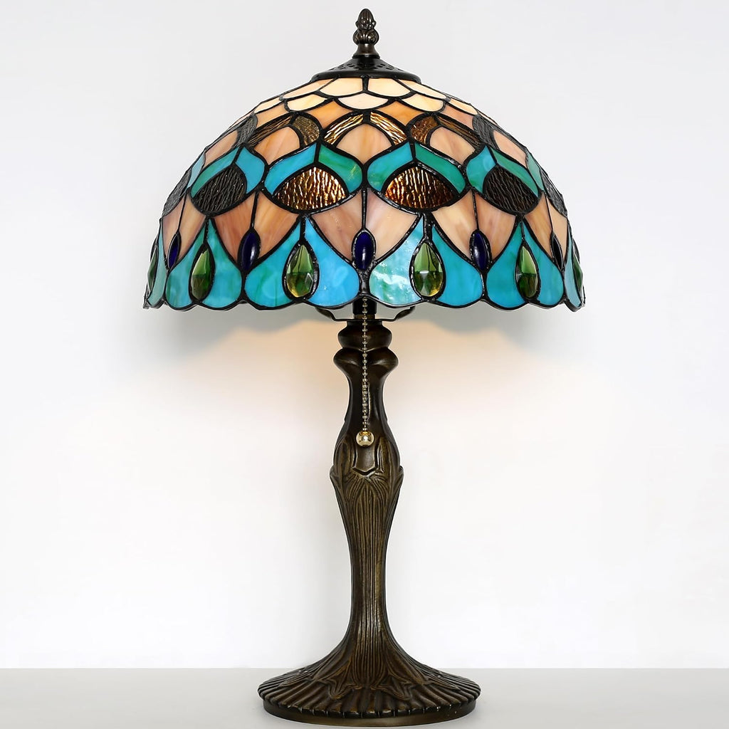 Tiffany Lamp Stained Glass Table Lamp Bedside Reading Lamp 12 x 19' Blue Phoenix Tail Style Decorative Lamp for Desk Study Living Room Bedroom Office Decor Gift