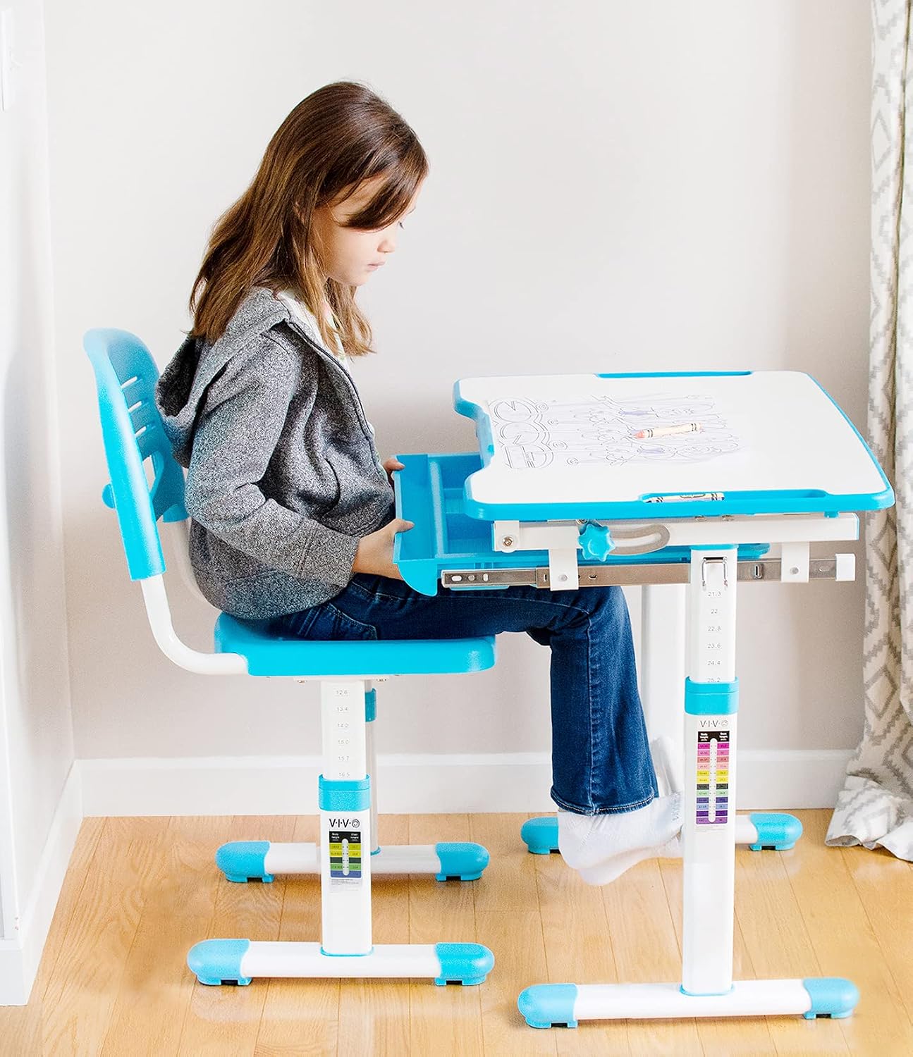 VIVO Height Adjustable Children's Desk and Chair Set, Kids' Multifunctional Interactive Workstation for School Writing Study Play, Tilting Desktop with Pullout Storage Drawer, Blue, DESK-V201B