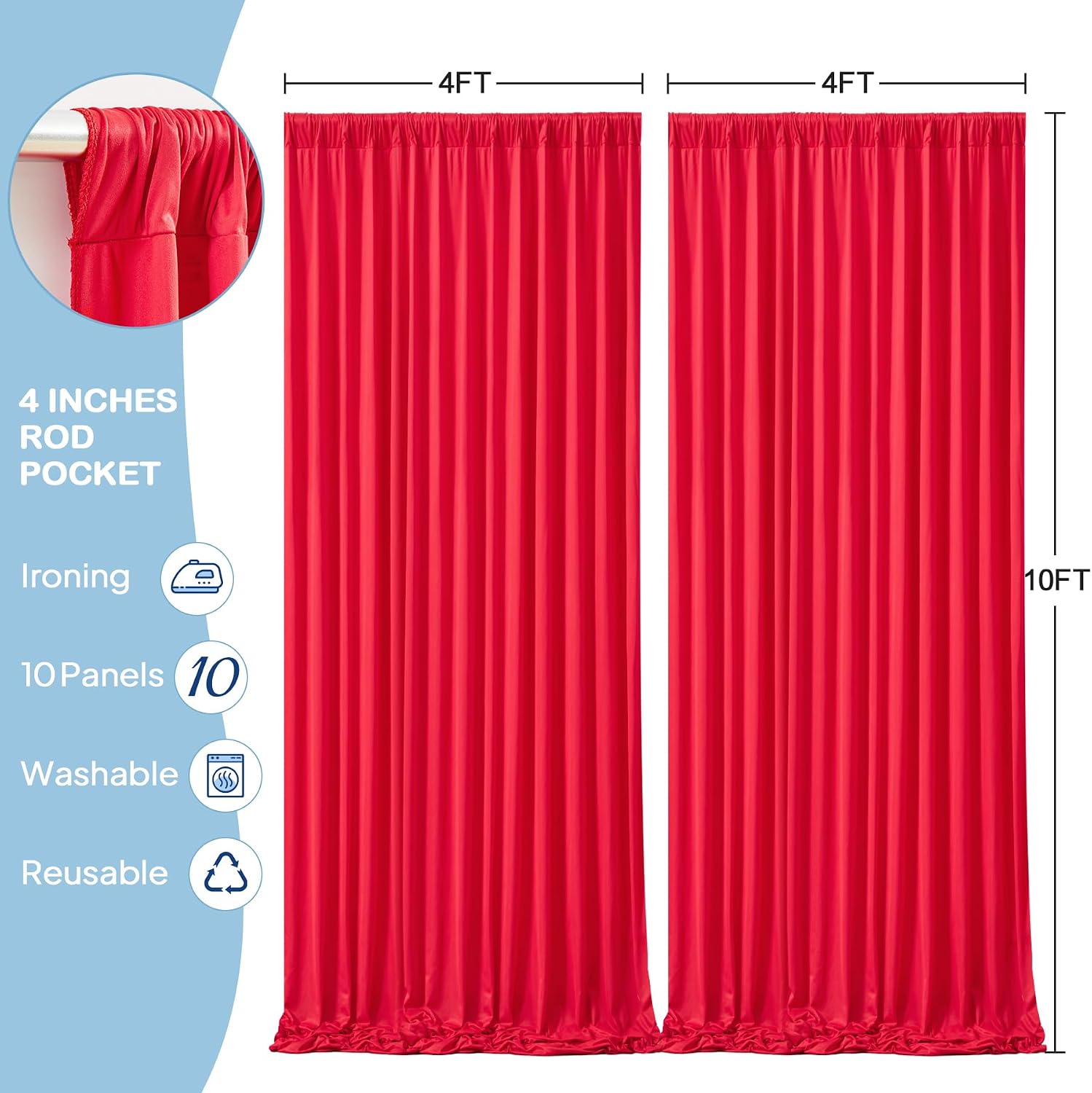 10 Panels Red Backdrop Curtains - Wrinkle Free Fabric Backdrop Curtain for Photoshoot, 10FT Wedding Party Photo Backdrop Drapes for Birthday Baby Shower Photography Stage Background Decorations