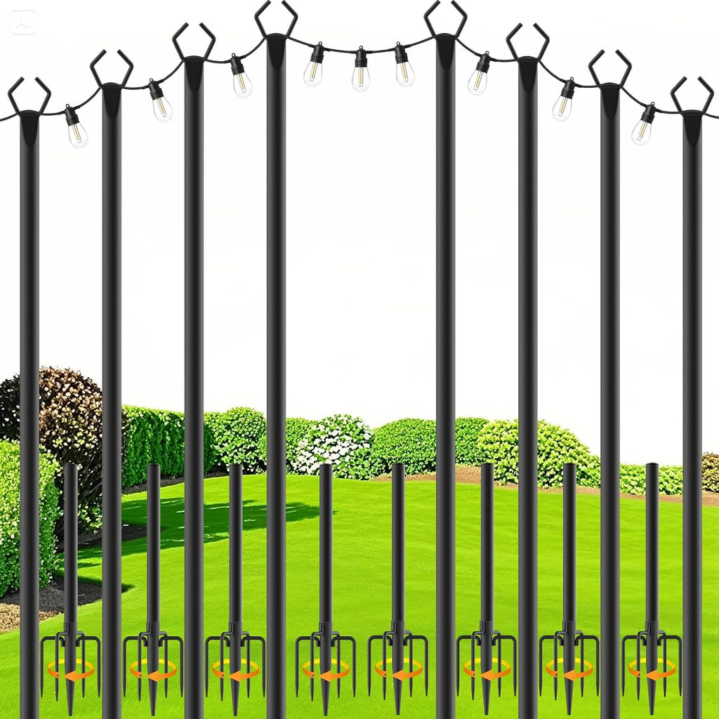 zoegi 8 Pack 10Ft String Light Poles,Light Poles for Outside Lights with Fork,Outdoor Brackets Hanging Lights,Metal Stand for Deck Patio,Backyard,Wedding,Deck,Party