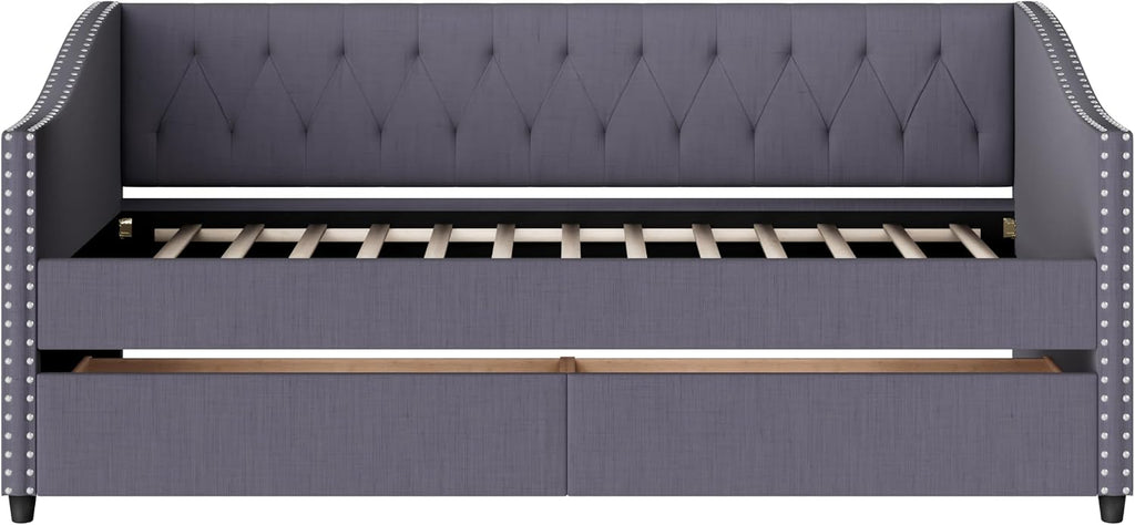 Christopher Knight Home Twin XL Daybed Frame with Two Drawers, Linen Fabric Upholstered Sofa Couch, 85'' Living Room Sleeper Sofa, Cozy Daybed for Bedroom, Diamond-Tufted Design, Rivet Armrests, Gray