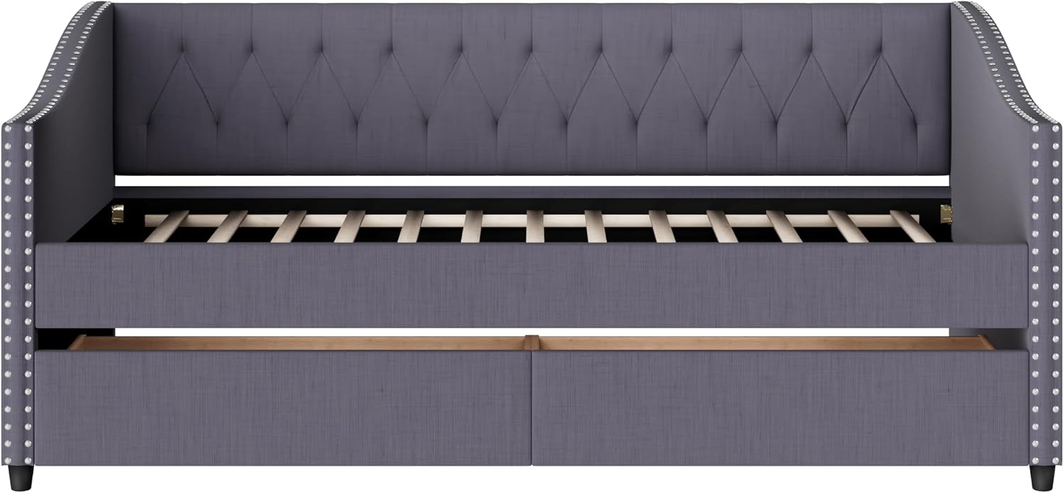 Christopher Knight Home Twin XL Daybed Frame with Two Drawers, Linen Fabric Upholstered Sofa Couch, 85'' Living Room Sleeper Sofa, Cozy Daybed for Bedroom, Diamond-Tufted Design, Rivet Armrests, Gray