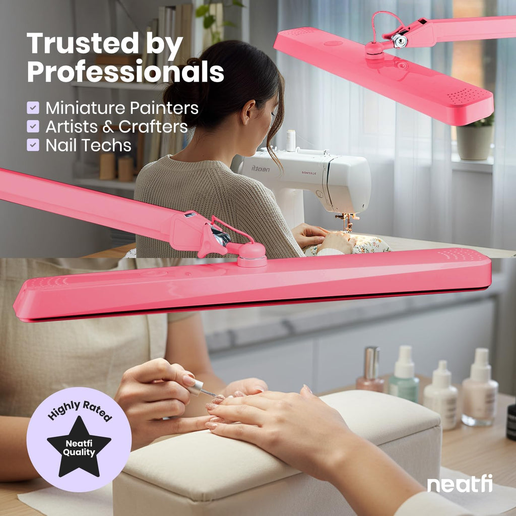 Neatfi XL 2,500 Lumens 30W LED Task Lamp for Manicure Table, Crafts, Workbench, Office – 22' Wide Shade Desk Light | Eye-Caring 6500K | 4-Level Brightness (Pink, Non-CCT with Clamp)