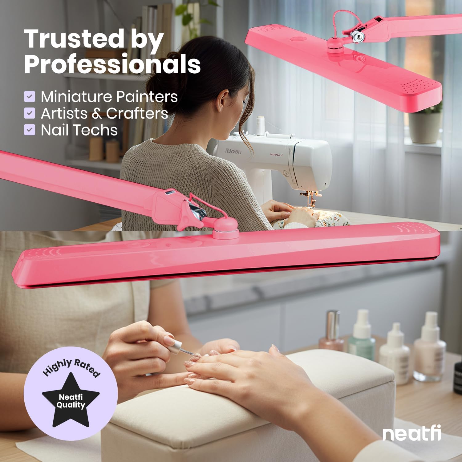Neatfi XL 2,500 Lumens 30W LED Task Lamp for Manicure Table, Crafts, Workbench, Office – 22' Wide Shade Desk Light | Eye-Caring 6500K | 4-Level Brightness (Pink, Non-CCT with Clamp)