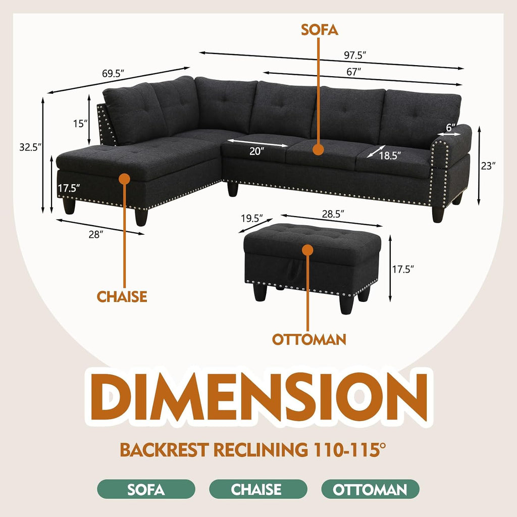 Dark Gray Sectional Sofa Couch with Storage Ottoman and Cup Holder Tray, Linen Fabric L-Shaped Couch with Silver Rivets, Reversible Chaise Lounge Set with Flip-Top Storage (S+C+O)