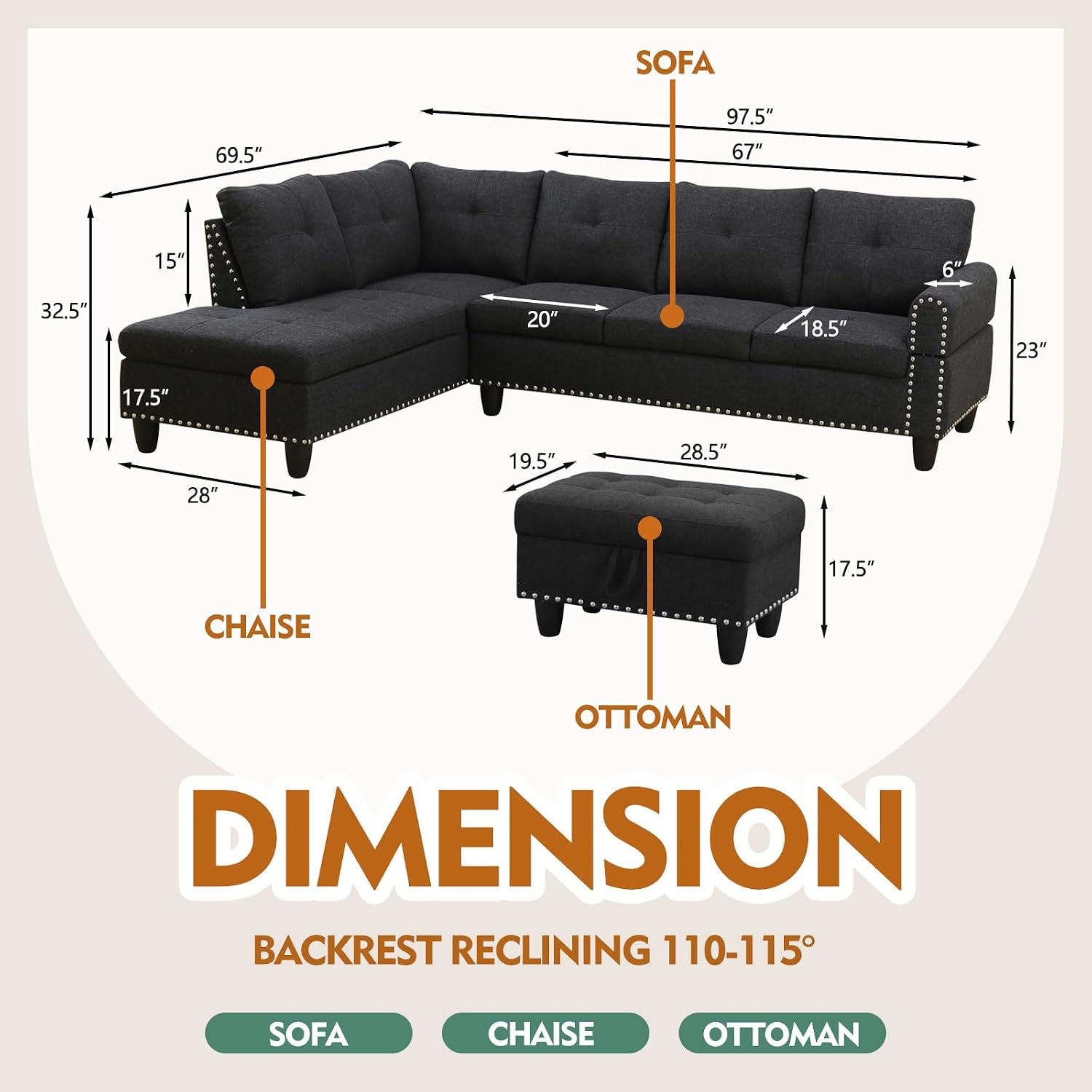 Dark Gray Sectional Sofa Couch with Storage Ottoman and Cup Holder Tray, Linen Fabric L-Shaped Couch with Silver Rivets, Reversible Chaise Lounge Set with Flip-Top Storage (S+C)